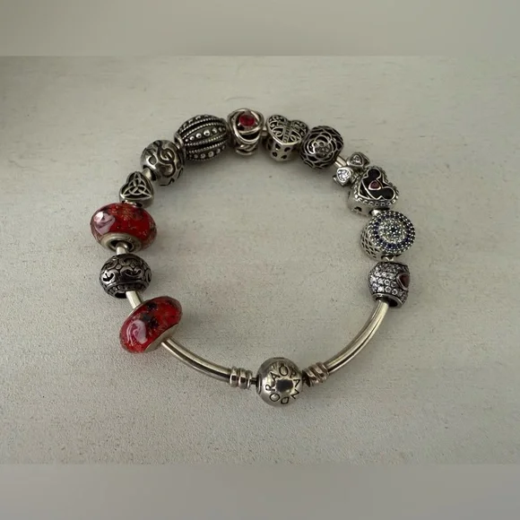 Pandora Bangle Bracelet w/ 13 Charms S925 - ALE - 925 Sterling Silver 8 inches - Picture 1 of 5